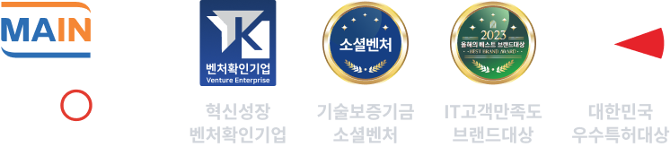 INNOBIZ 기술혁신형중소기업, MAIN Biz, 혁신성장 벤처확인기업, 기술보증기금소셜벤처, IT고객만족브랜드대상, 대한민국 우수특허대상