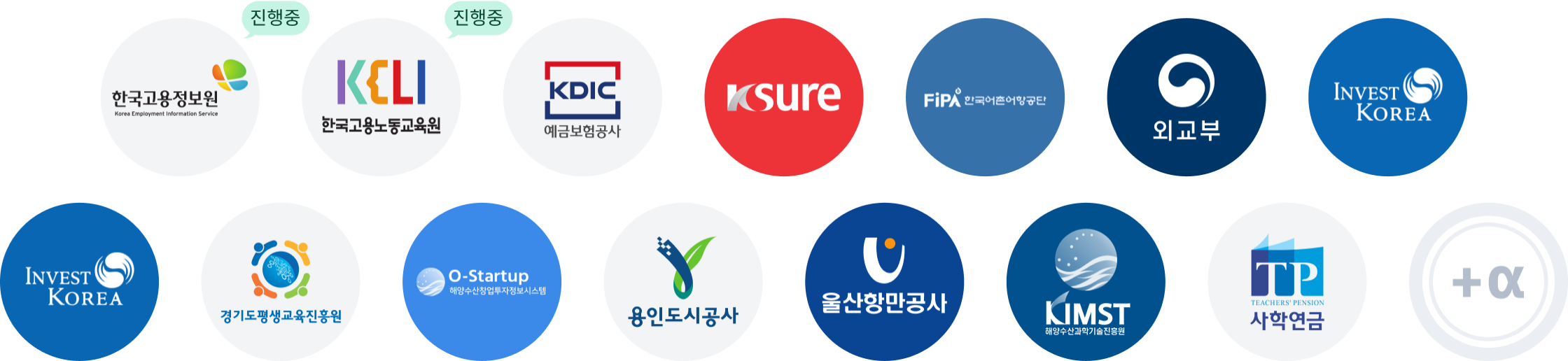 한국고용정보원 logo, 한국고용노동교육원 logo, 예금보험공사 logo, ksure logo, Fipa 한국어촌어항공단 logo, 외교부 logo, INVEST KOREA logo, 경기도평생교육진흥원 logo, O-Startup 해양수산창업투자정보시스템 logo, 용인도시공사 logo, 울산항만공사 logo, KIMST 해양수산과학기술진흥원 logo, PANCRYP. logo, 사학연금 logo